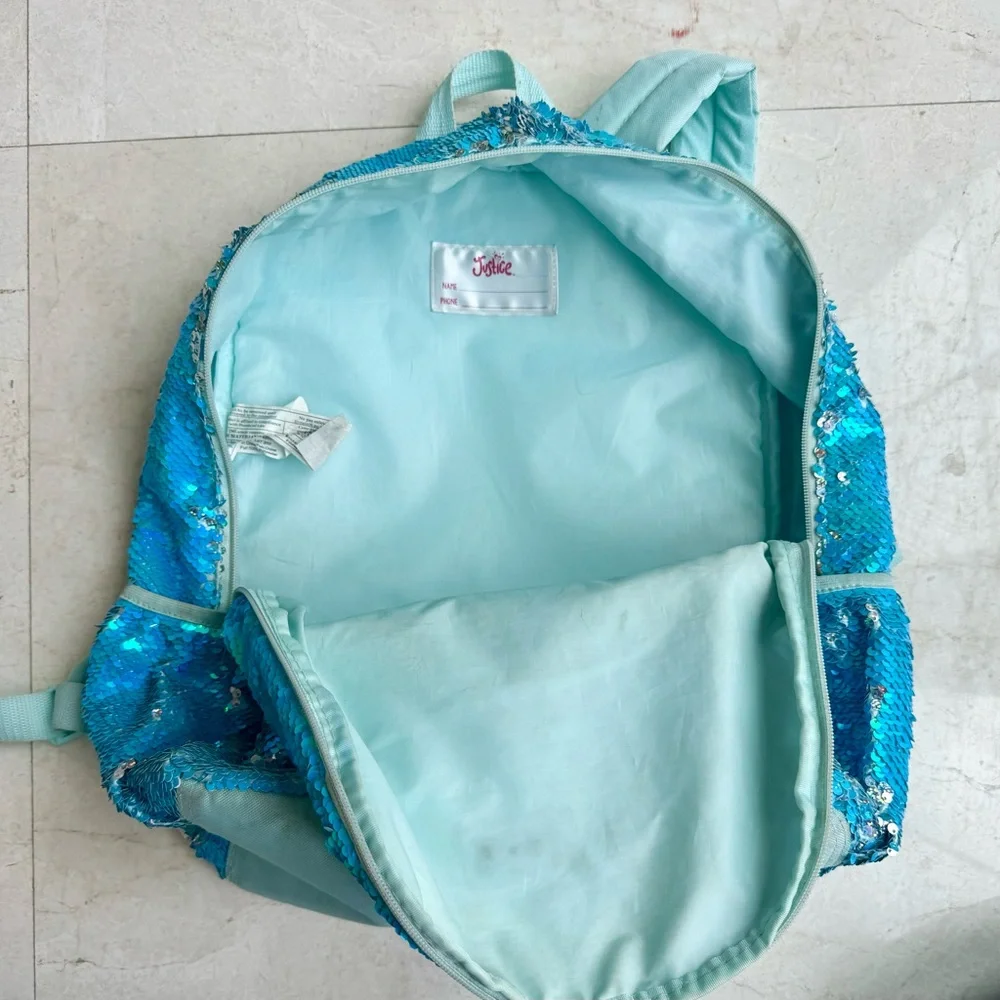 Justice Backpack and matching Lunchbox blue flip sequins
